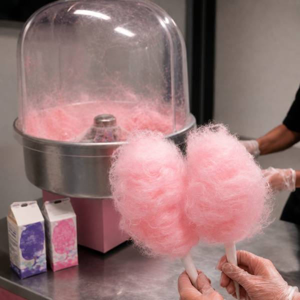 Pink cotton candy cones beside the machine